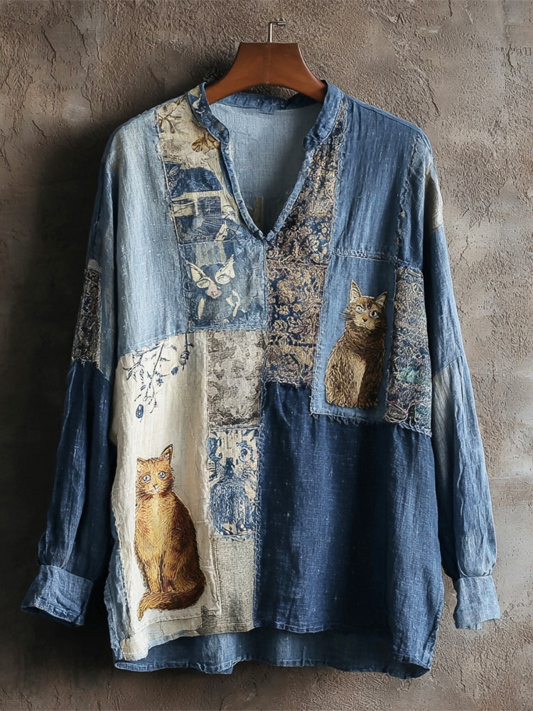 Vintage Shabby Patchwork Cat Women's V-neck Shirt
