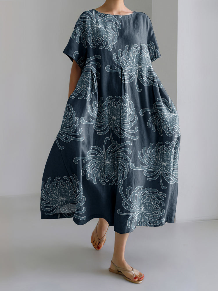 Vintage Japanese Art Chrysanthemum Print Round Neck Short Sleeve Midi Dress