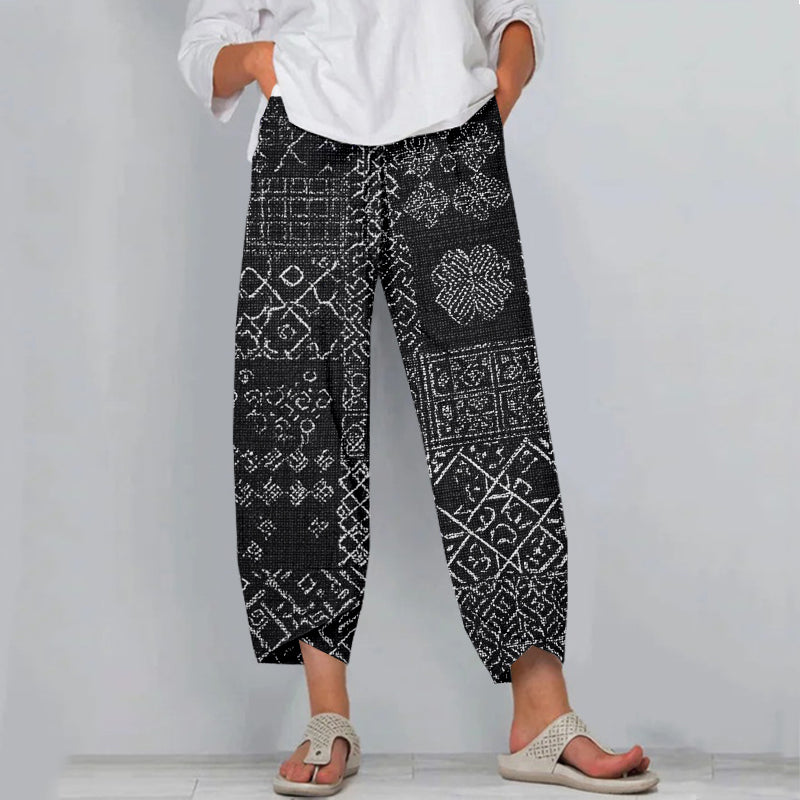 Vintage Japanese Sashiko Art Cropped Casual Linen Pants