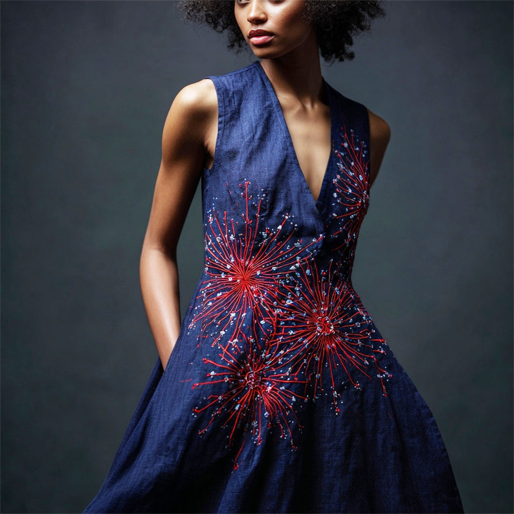Japanese Art Firework Embroidery Women's Linen V-neck Vest Dress