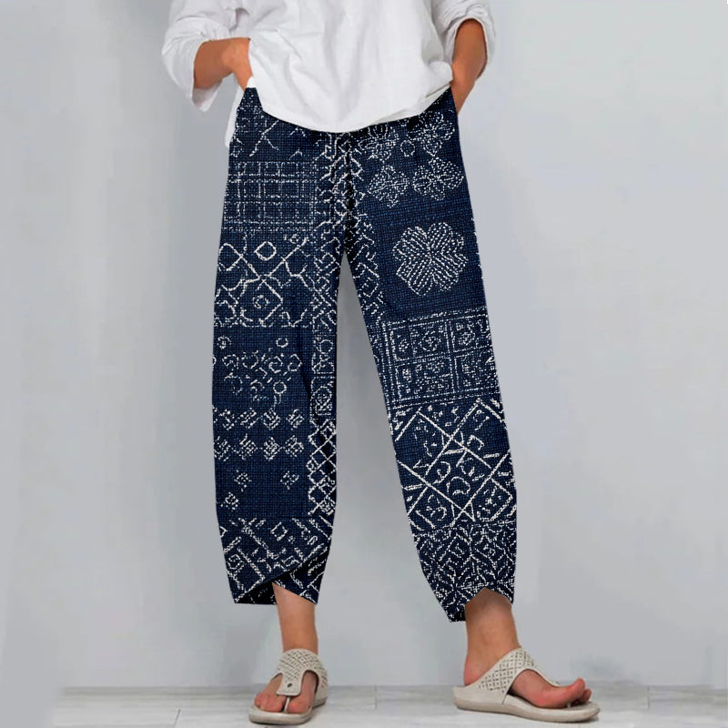 Vintage Japanese Sashiko Art Cropped Casual Linen Pants
