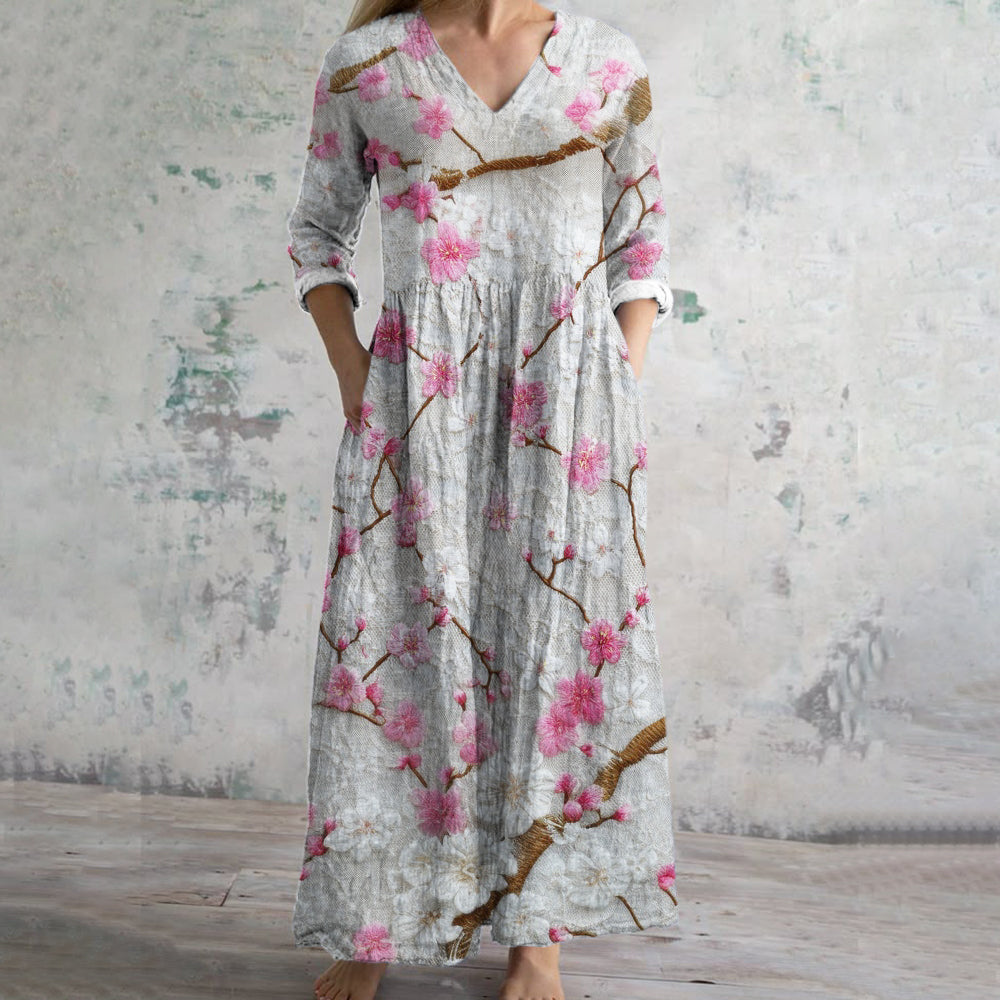 Plum Lace Floral Women's Linen Maxi Dress