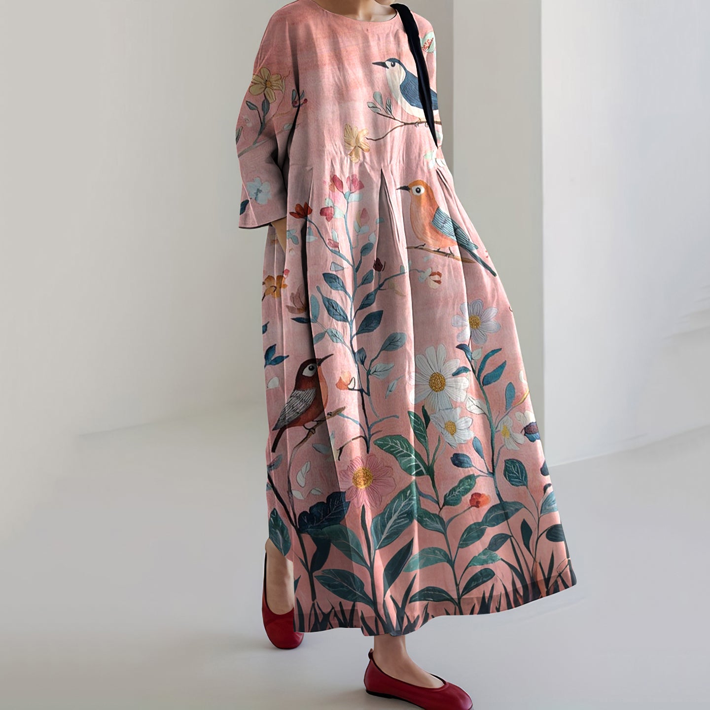 Japanese Flower And Bird Art Print Loose Midi Dress