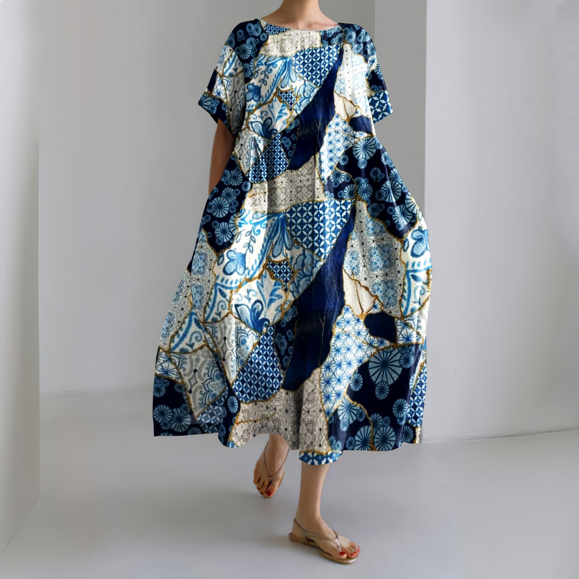 Ceramic Shards Stitching Creative Print Midi Dress