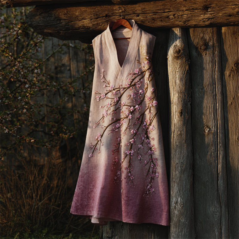 Japanese Cherry Blossom Embroidered Gradient Linen Dress