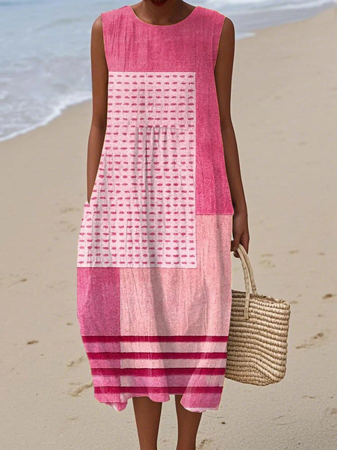 Women's casual cotton-linen printed dress