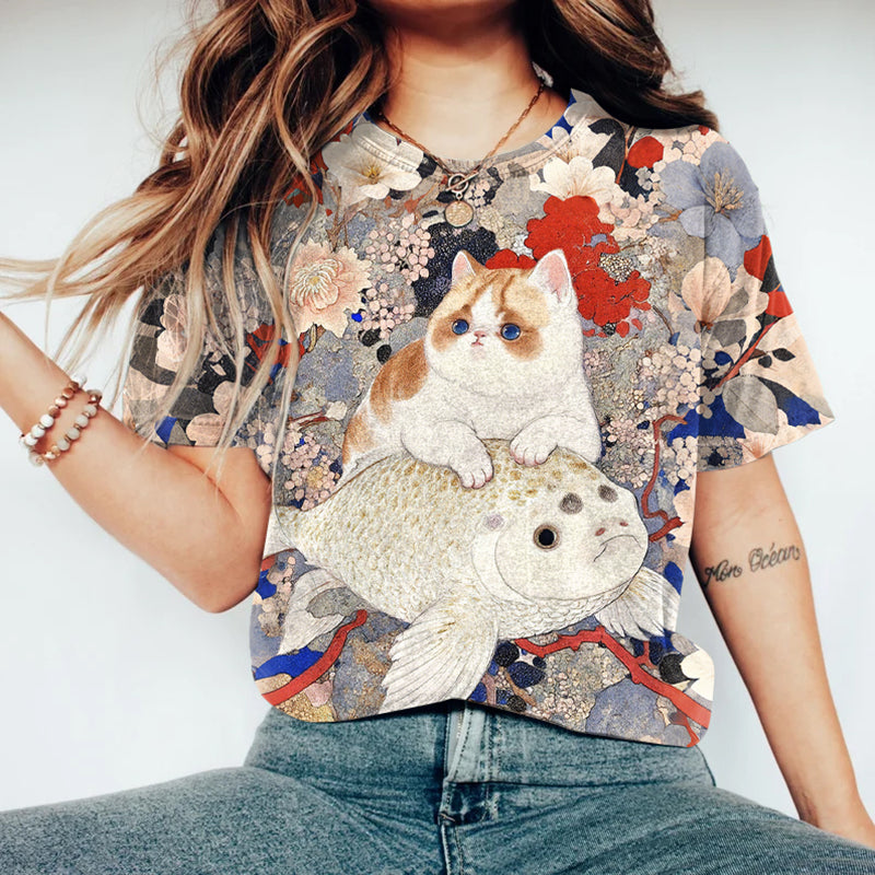 Cat In Kimono Riding A Carp T-shirt