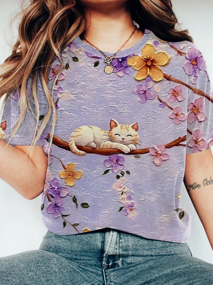 Cute Cat Sleeping On A Cherry Blossom Book T-shirt
