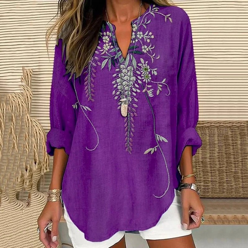 Women's Japanese Art Flower Print V-neck Shirt