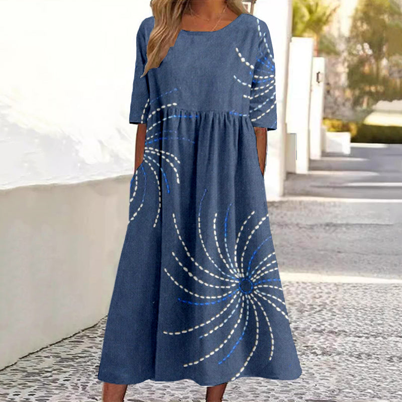 Japanese Firework Sashiko Art Linen Maxi Dress