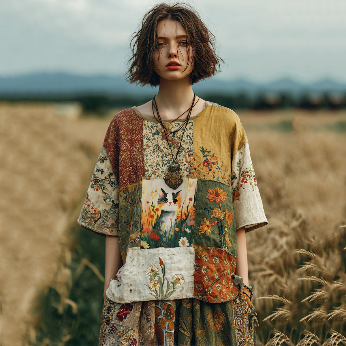 Vintage Cute Cat Floral Patchwork Linen T-shirt
