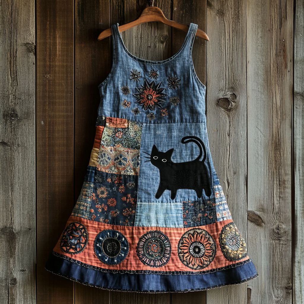 Women's Retro Cat And Mandala Pattern Sleeveless Dress