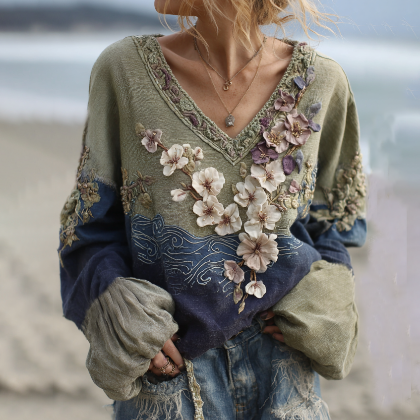 Classy Vintage Gradient Japanese Sakura Cherry Blossoms Embroidered Linen V Neck Long Sleeve Shirt