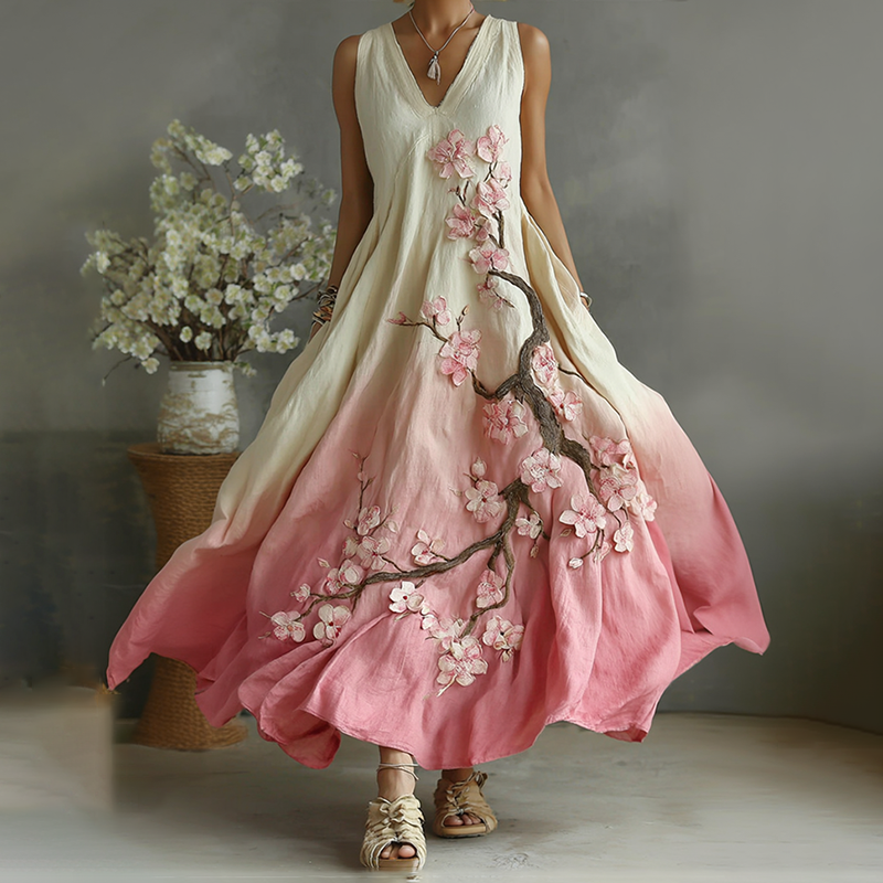 Vintage Cherry Blossoms Embroidered Pattern Linen V Neck Long Dress