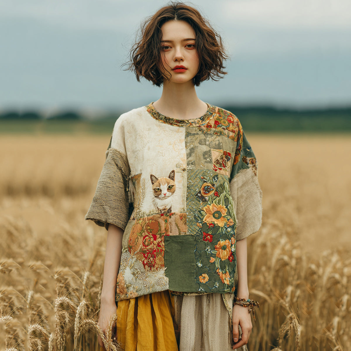 Vintage Cute Cat Floral Patchwork Linen T-shirt