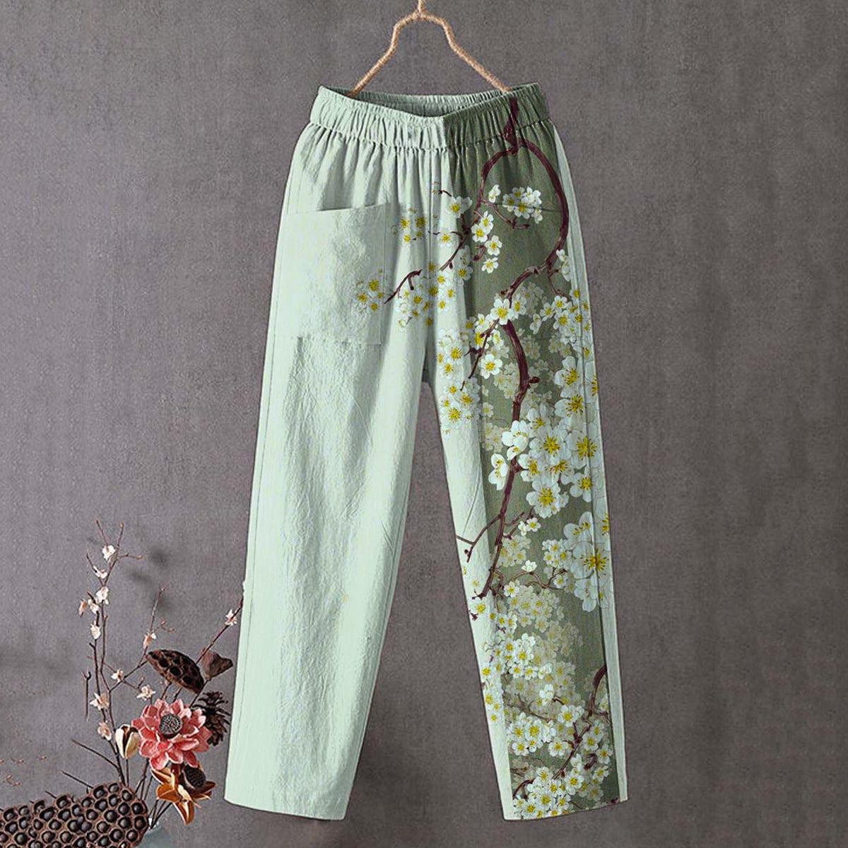 Japanese Art Flower Print Linen Blend Pocket Pants