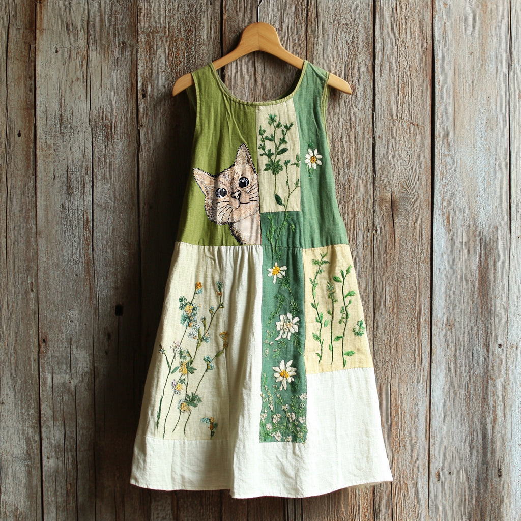 Vintage Cute Cat Floral Patchwork Midi Dress