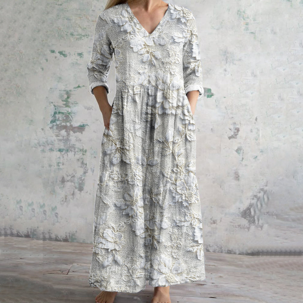Vintage Lace Floral Women's Linen Maxi Dress
