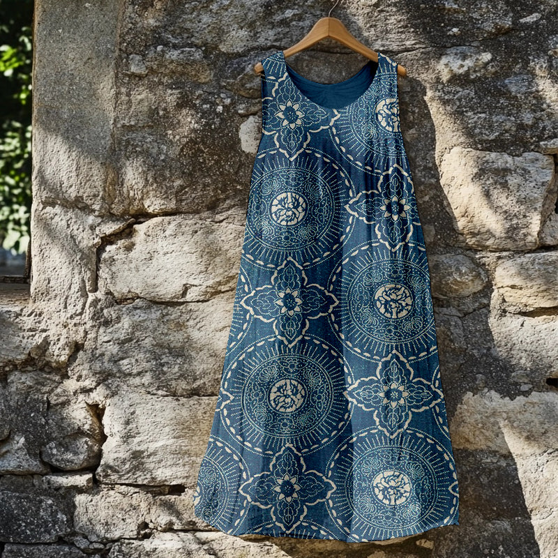 Vintage Ethnic Pattern Crew Neck Linen Midi Dress