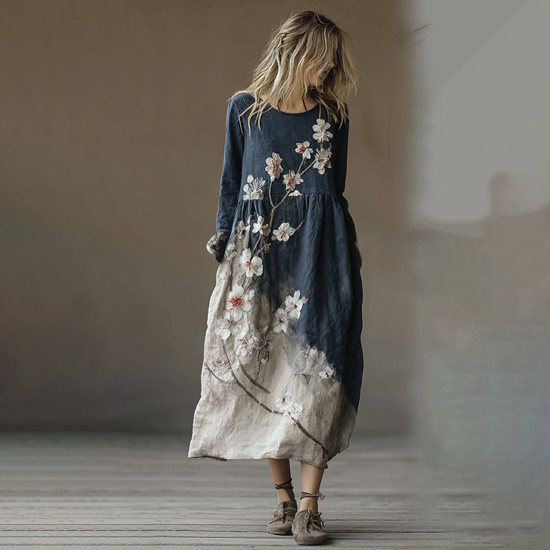 Classy Gradient Japanese Sakura Cherry Blossoms Embroidered Pattern Linen Round Neck Long Dress