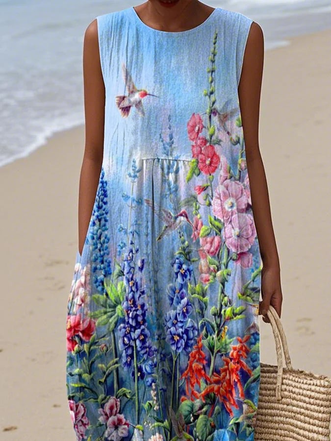 Women's Casual Floral Print Round Neck Sleeveless Dress