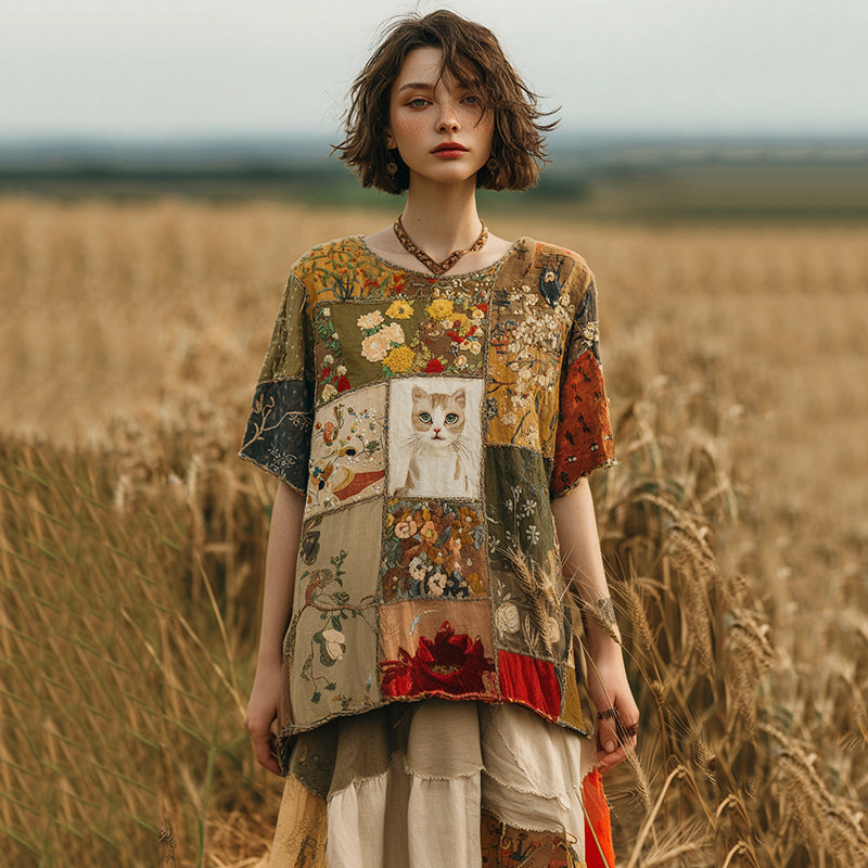Vintage Japanese Cute Cat Floral Patchwork Linen T-shirt