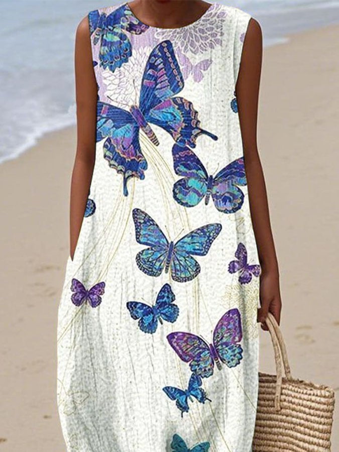 Women's Casual Butterfly Print Round Neck Sleeveless Dress