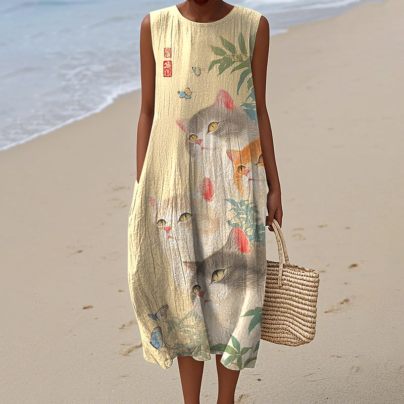 Cute Four Cats Pattern Tank Maxi Dress