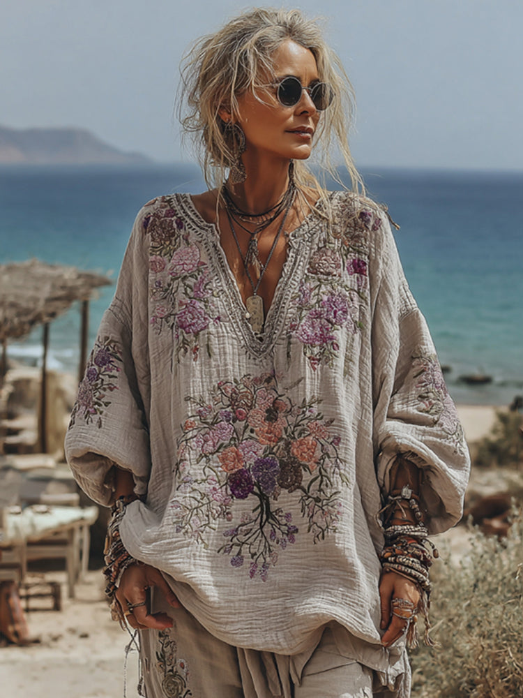 Women's Tree Of Life Floral Art V Neck Comfy Shirt
