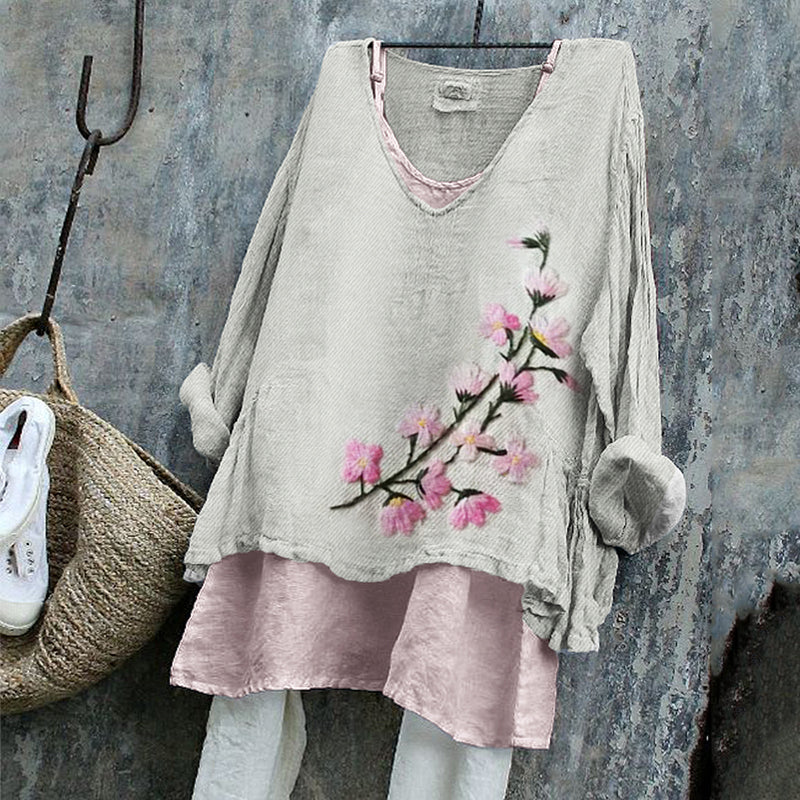 Japanese Cherry Blossom Embroidered Linen Tunic