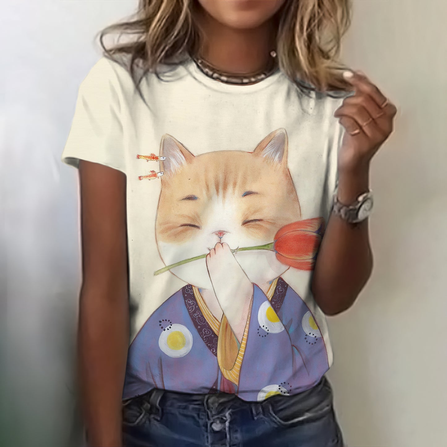 Fun Cat Wearing Kimono Holding A Rose Print T-shirt