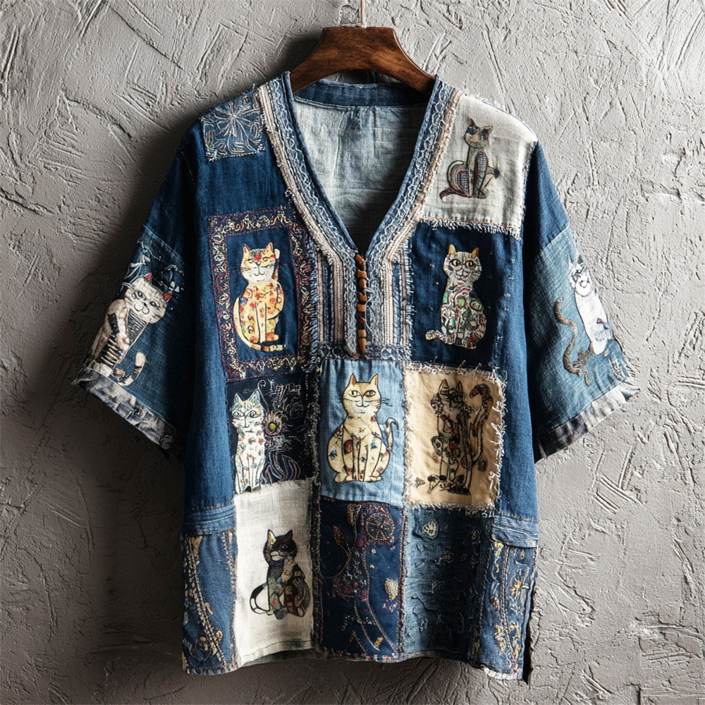 Vintage Shabby Patchwork Cats Women's Linen V-neck T-shirt