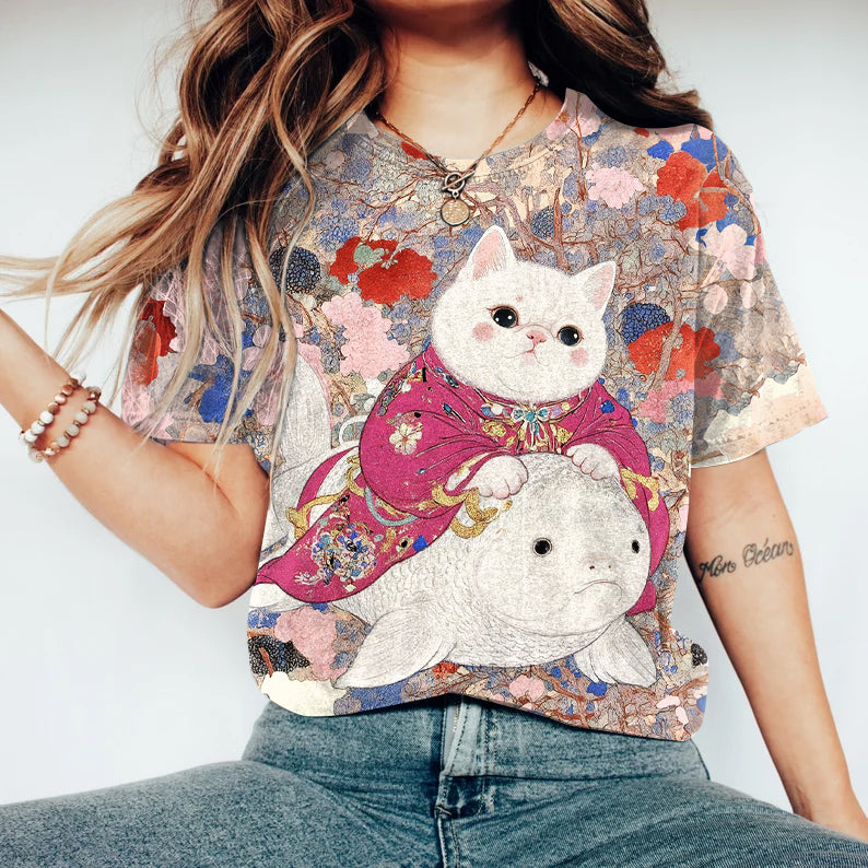 Cat In Kimono Riding A Carp T-shirt