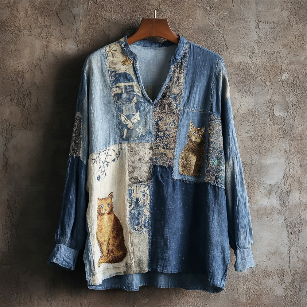 Vintage Shabby Patchwork Cat Women's V-neck Shirt