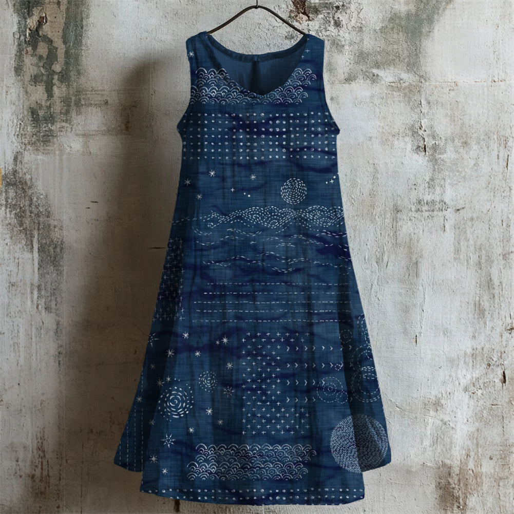 Vintage Japanese Sashiko Art Linen Linen Midi Dress