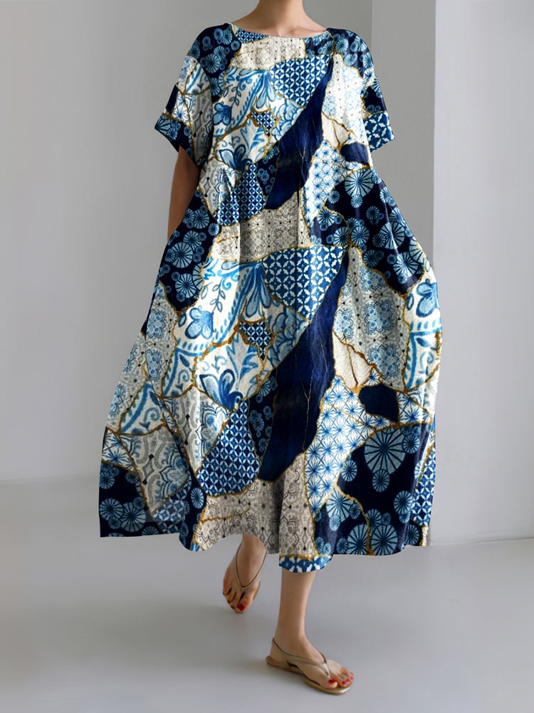 Ceramic Shards Stitching Creative Print Midi Dress