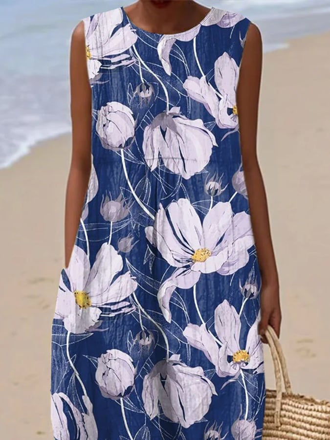 Women's Casual Floral Print Round Neck Sleeveless Dress