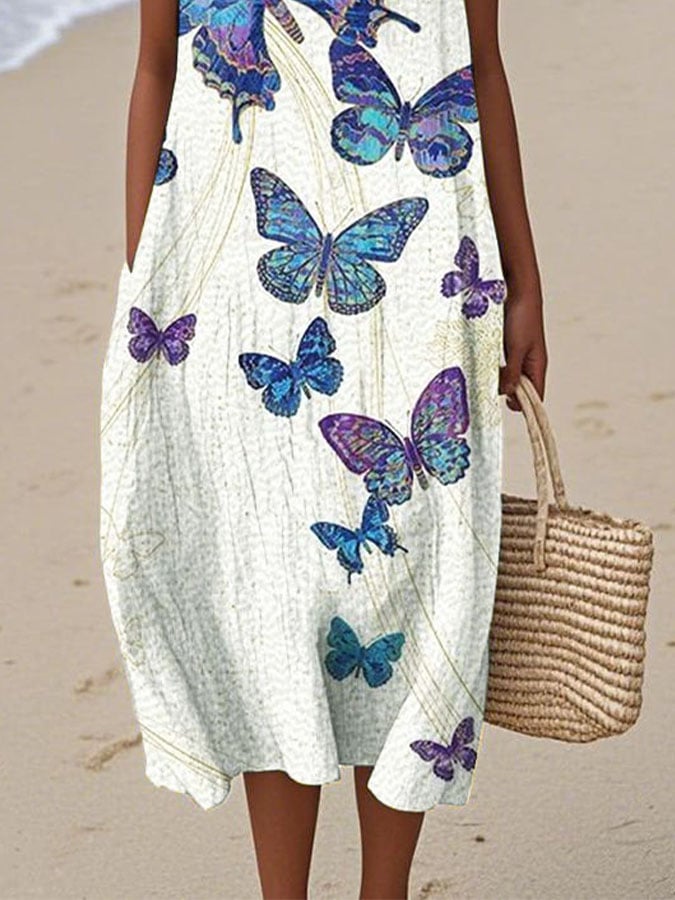 Women's Casual Butterfly Print Round Neck Sleeveless Dress