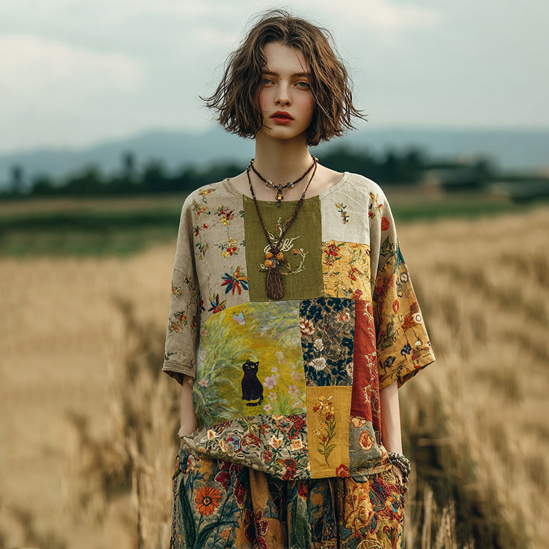 Vintage Japanese Cute Cat Floral Patchwork Linen T-shirt