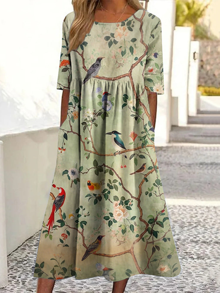Japanese Floral And Bird Art Print Round Neck Loose Midi Dress
