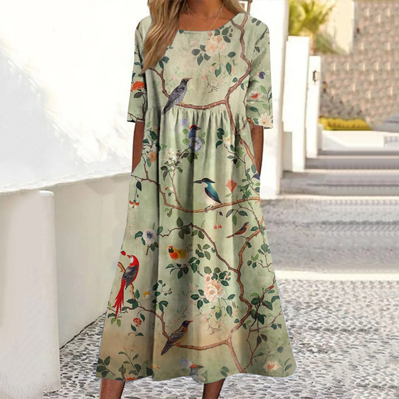 Japanese Floral And Bird Art Print Round Neck Loose Midi Dress