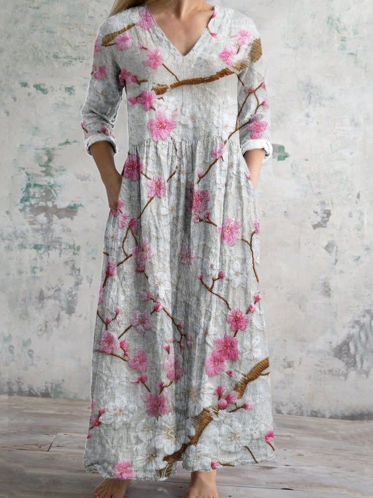 Plum Lace Floral Women's Linen Maxi Dress