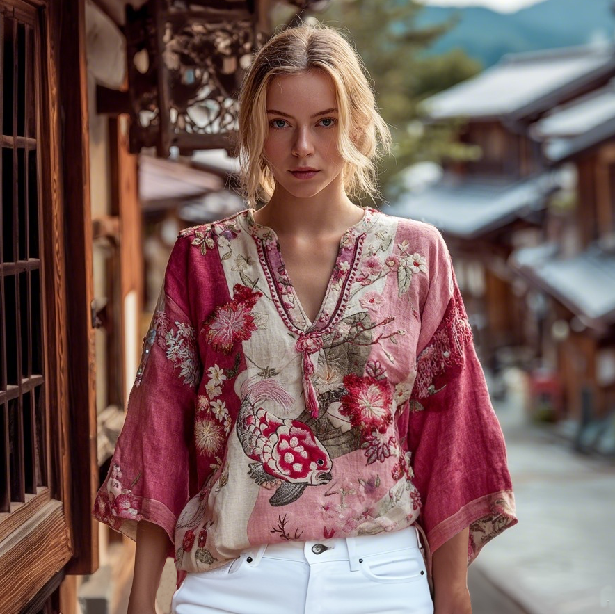 Vintage Pink Koi Floral Embroidery Linen Blend Shirt