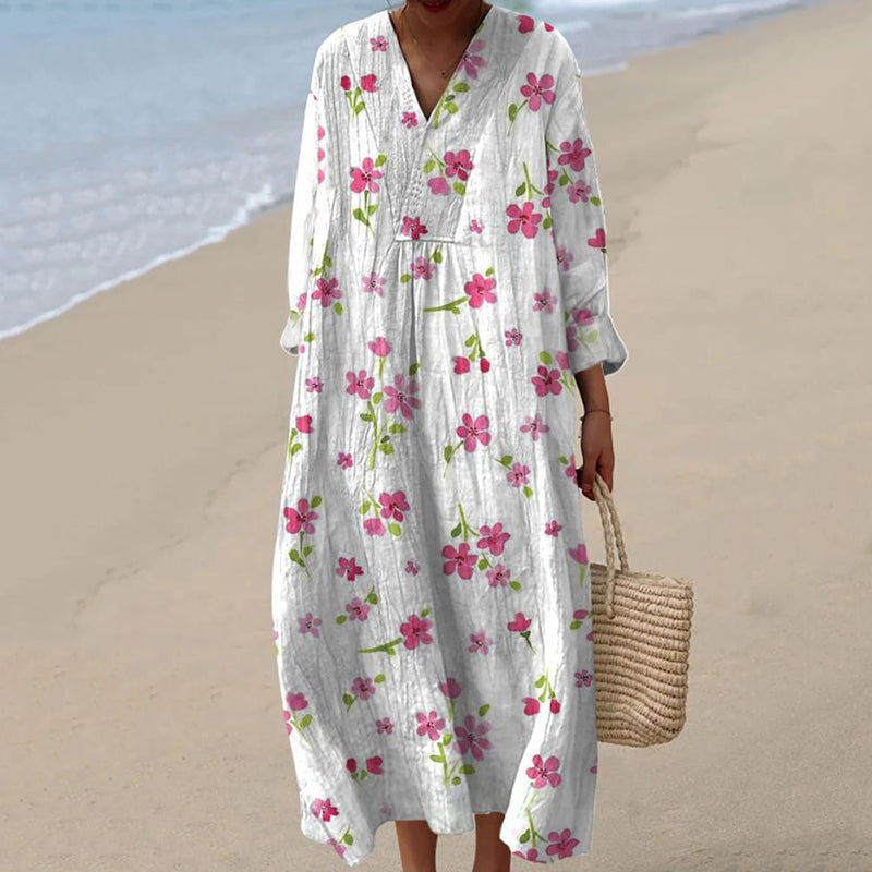 Vintage Floral Art Cotton Linen Comfy Maxi Dress