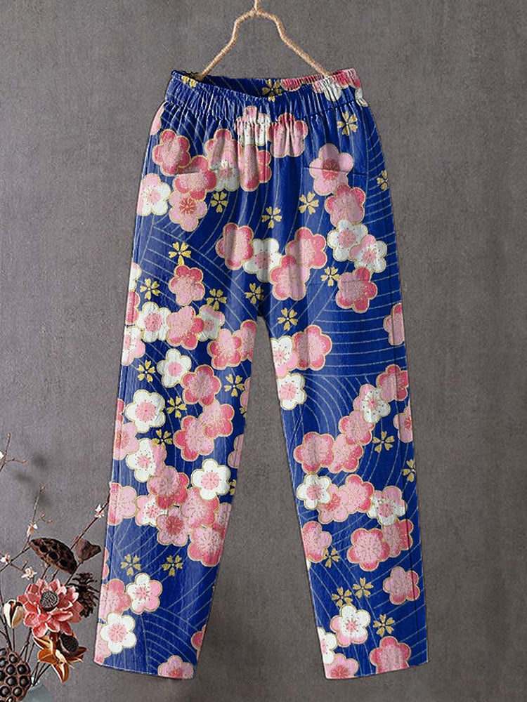 Japanese Sakura Art Print Linen Blend Casual Pocket Pants