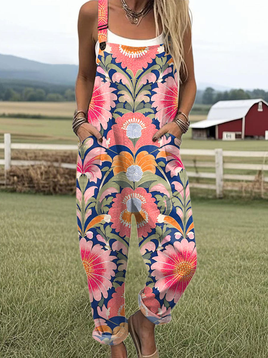 Women's Vintage Floral Art Print Casual 100% Cotton Wide Leg Jumpsuit