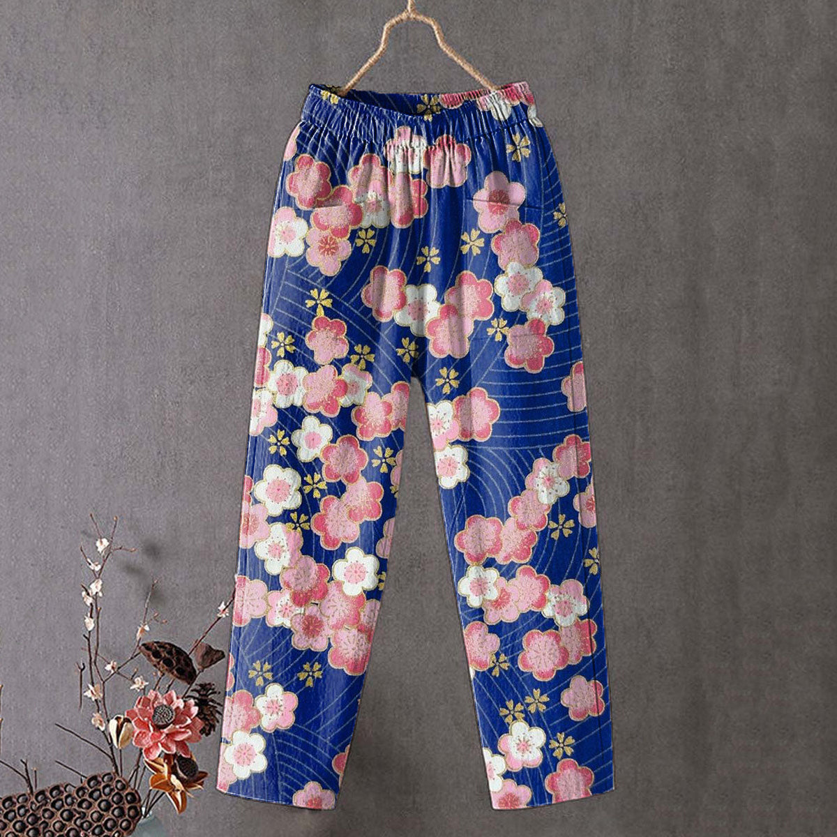 Japanese Sakura Art Print Linen Blend Casual Pocket Pants