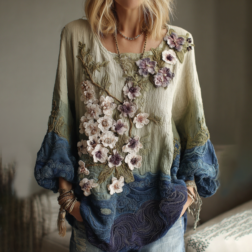 Classy Gradient Japanese Sakura Cherry Blossoms And Sea Wave Embroidered Pattern Linen Long Sleeve Shirt