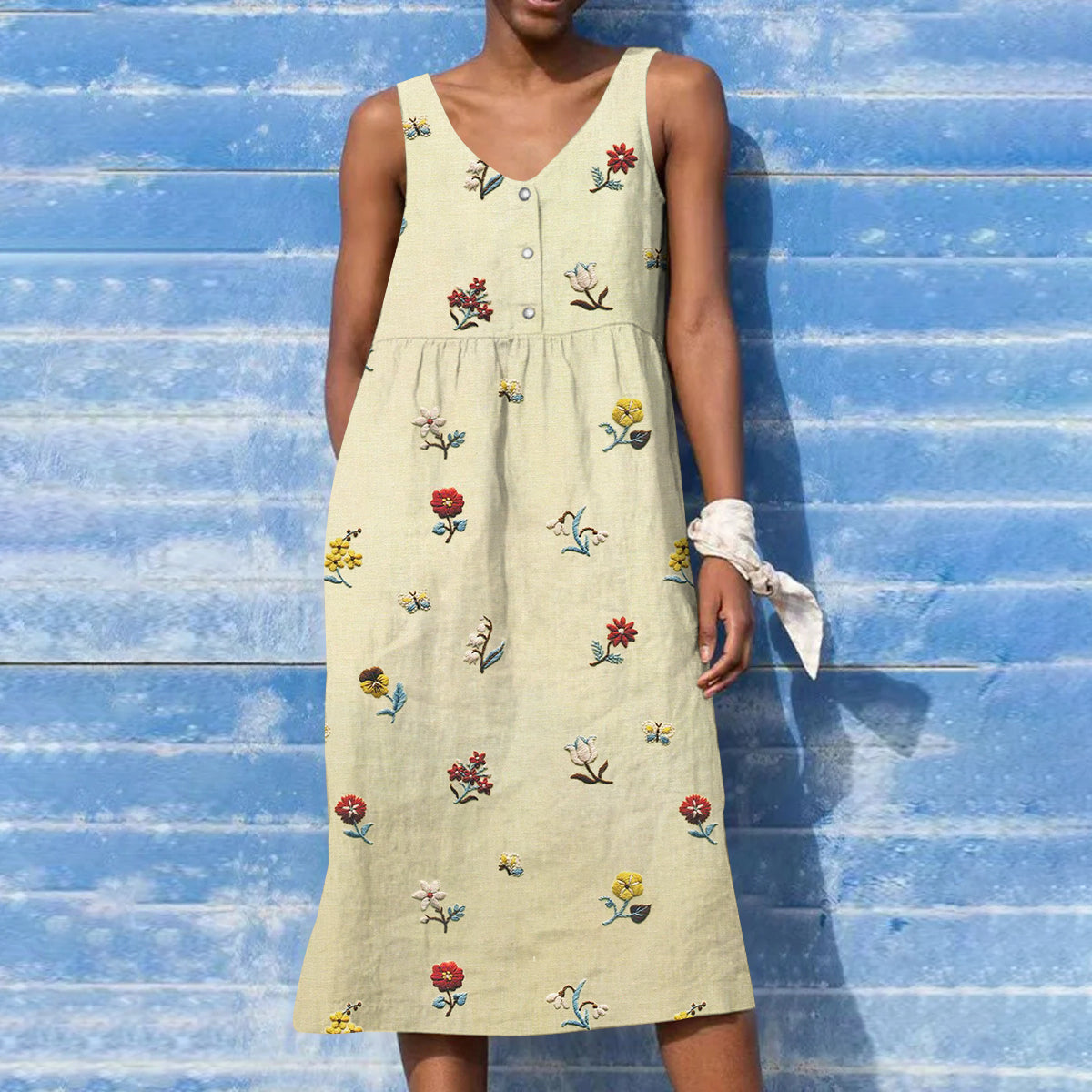 Women's Flower Embroidery Art V-neck Button Tank Midi Dress