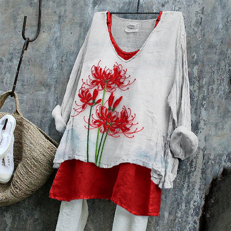 Classy Spider Lily Japanese Embroidered Linen Tunic